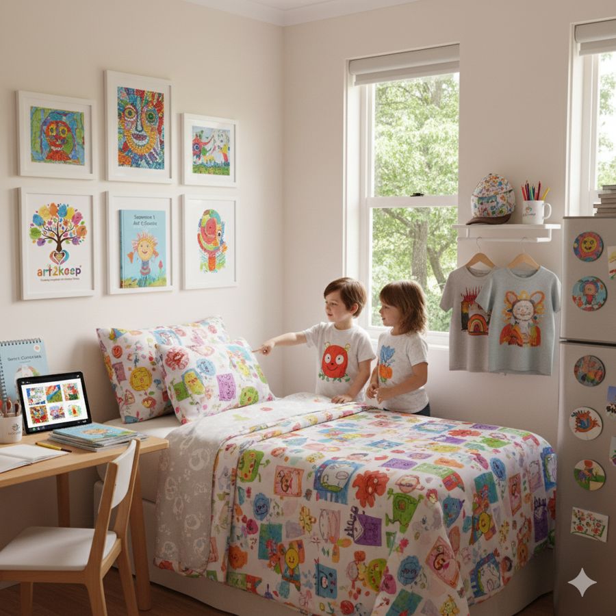 Kids wearing t-shirts printed with their drawings
