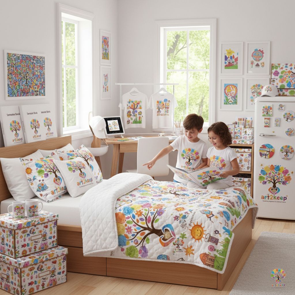 A child's bedroom decorated with bedding and prints of their own artwork